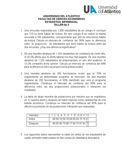 Taller Intervalos De Confianza Estadistica Inferencial Pdf Desviación Estándar Intervalo