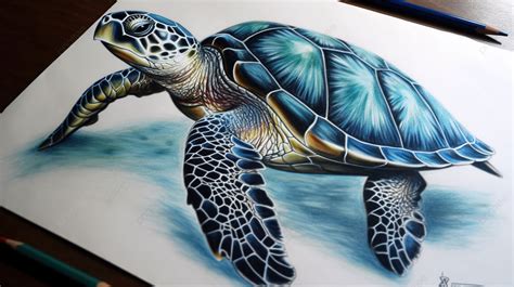 Colored Pencil Drawing Of Sea Turtle In Blue Background Sea Turtle