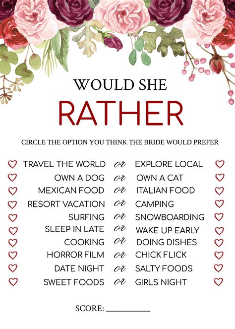 Would She Rather Bridal Shower Game Free Printable Printable Templates