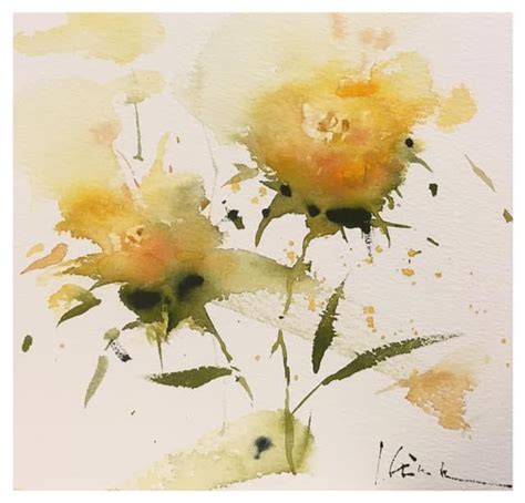 Watercolor Painting Of Yellow Flowers On White Paper