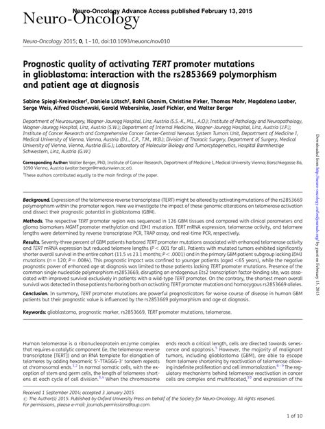 Pdf Prognostic Quality Of Activating Tert Promoter Mutations In