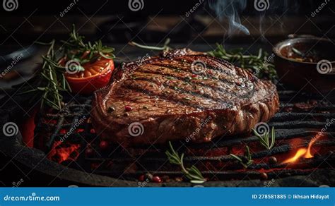 Big Steak Is Prepared On Hot Grill Tasty Meat On Grill Stock Illustration Illustration Of