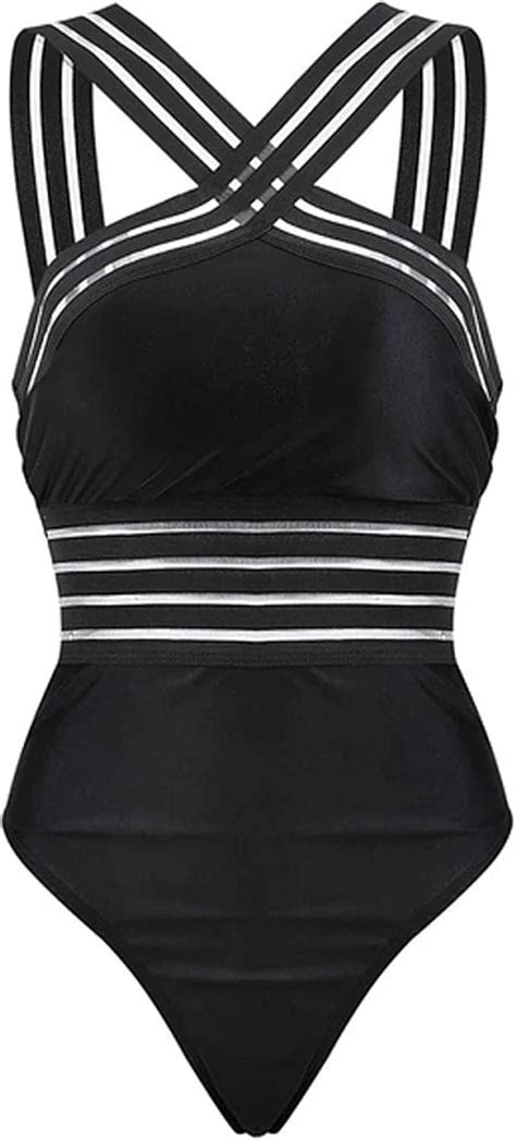 Maillot de Bain Une pièce Moulant rayé Noir pour Femme à Bretelles