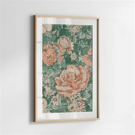 Green And Orange Flower Wall Art Esthetic Garden Flowers Linen Print