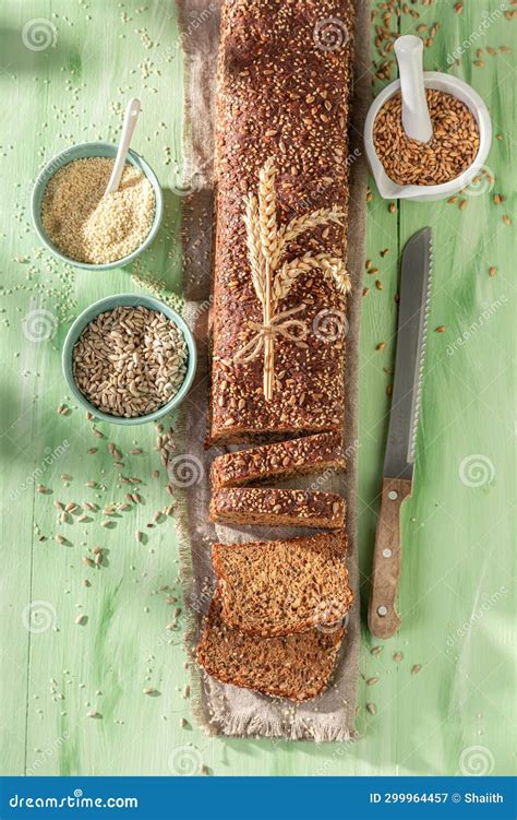 Fresh Loaf Of Wholemeal Bread With Sunflower Seeds And Sesame Stock