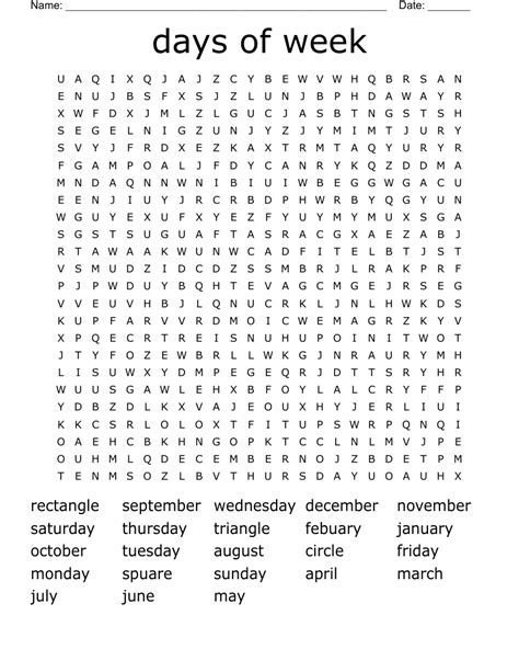 Days Of Week Word Search Wordmint