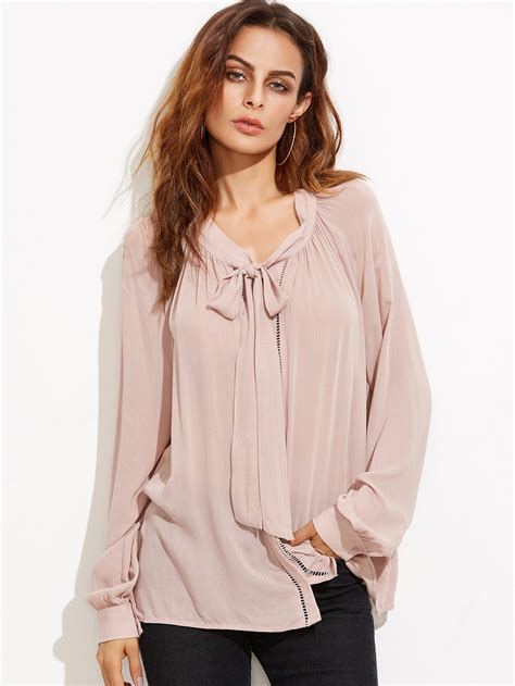 Pink Tie Neck Eyelet Lace Insert Blouse Shein Sheinside