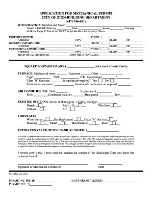 Fillable Online Application For Mechanical Permit City Of Zion Fax