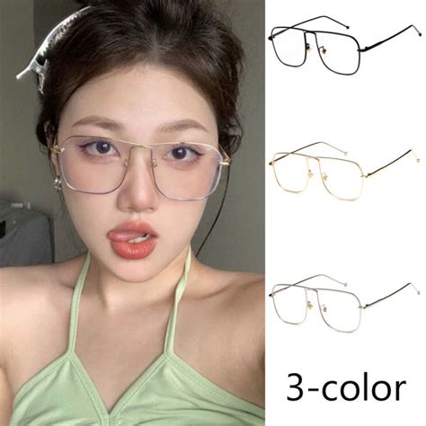 Metal Retro Mens And Womens Square Frame Eyeglasses Korean Double Beam Ultralight Glasses