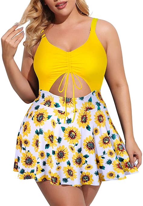 Yonique Women Plus Size One Piece Swimsuits With Skirt V Neck Floral