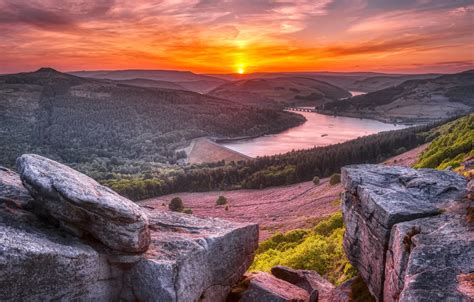 Обои Sunset England Peak District Ladybower Reservoir Bamford Edge