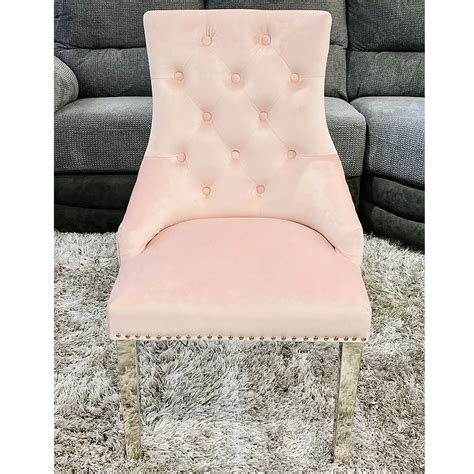 Pink Velvet Dining Chair With Studded Trims And Ring Knocker Back