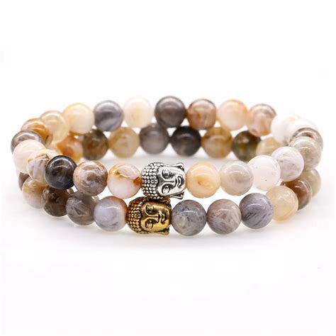 Natural Stone Onyx Bead Stretch Bracelet Buddha Head Prayer Charm