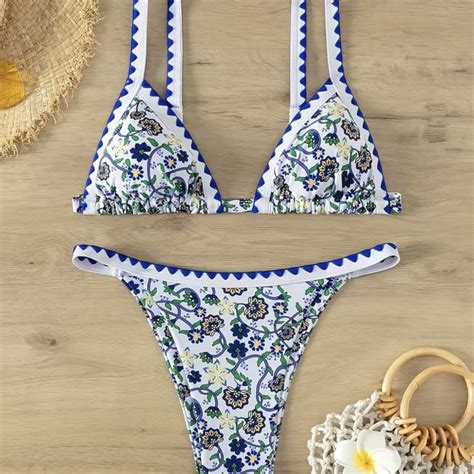 Blue Floral Print Whip Stitch 2 Piece Set Bikini Depop