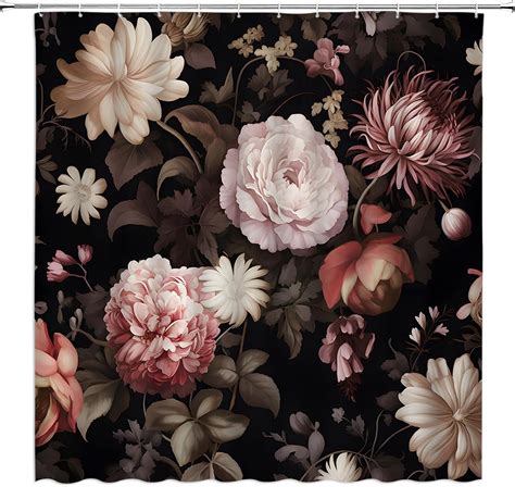 Black Floral Shower Curtain Retro Flower Blossom Rustic Rose Watercolor