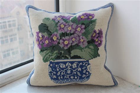 Blue Decorative Pillow Floral Needlepoint Finishing Pillow Etsy