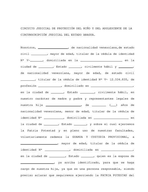 Modelo De Cesion De Custodia Circuito Judicial De Protecci N Del Ni O