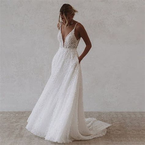 Spaghetti Strap Lace Deep V Neck Open Back Illusion Wedding Dress