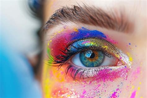 Premium Photo Close Up Of Female Eye With Colorful Holi Festival Makeup