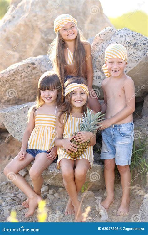 Portrait Of Happy Children On Nature Stock Photo Image Of Child