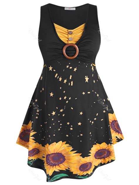 Sleeveless O Ring Ruched Sunflower Plus Size Dress 35 Off Rosegal