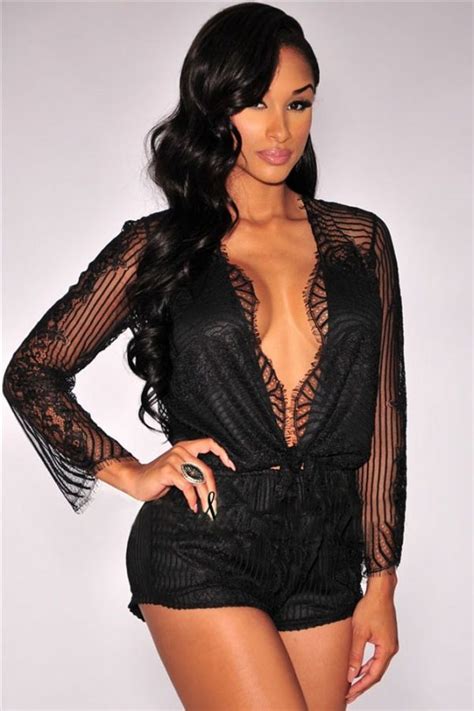 Women Black Sheer Lace Deep V Neck Romper Online Store For Women Sexy Dresses