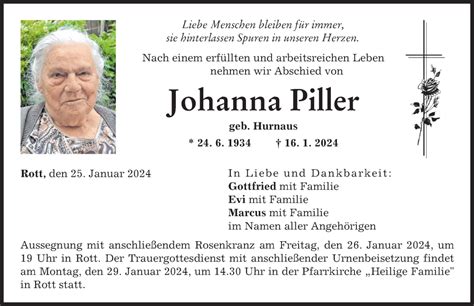 Traueranzeigen Von Johanna Piller Augsburger Allgemeine Zeitung