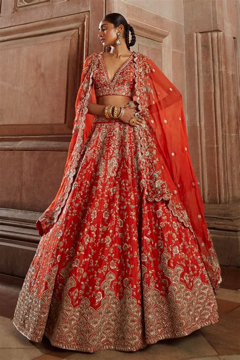 Buy Red Raw Silk Embroidered Zardozi Plunge Roma Lata Bridal Lehenga