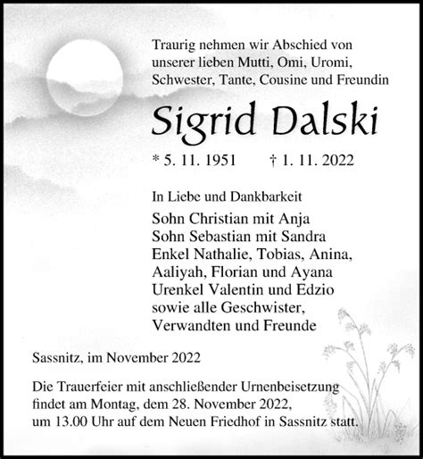 Traueranzeigen Von Sigrid Dalski Trauer Anzeigen De