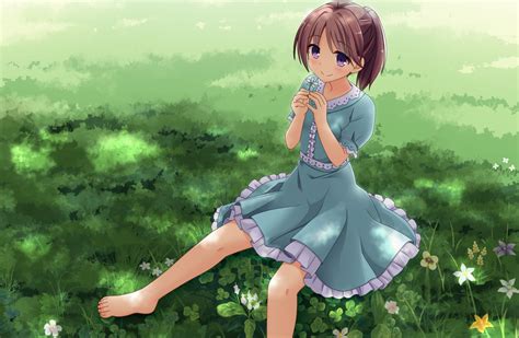 Amamiya Inari Barefoot Blue Eyes Brown Hair Cropped Dress Flowers Grass