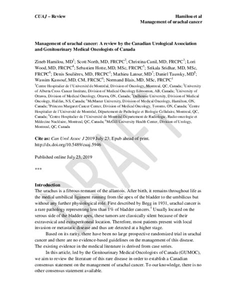 Pdf Management Of Urachal Cancer A Review By The Canadian Urological