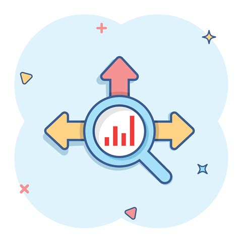 Market Trend Icon In Comic Style Growth Arrow With Magnifier Cartoon Vector Illustration On