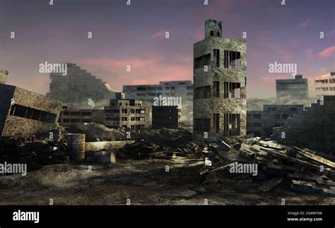 3d Render Illustration Of Bombed And Ruined Battlefield City Backdrop