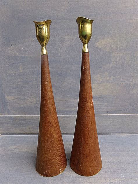 Mid Century Brass And Wood Candle Holders Serv Wood Hand Carved Hard