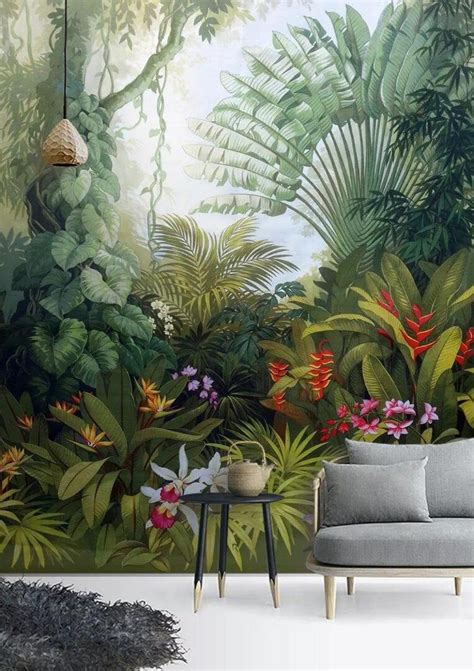 3D Tropical Rainforest Wallpaper Lush Vegetation Wall Mural Palm