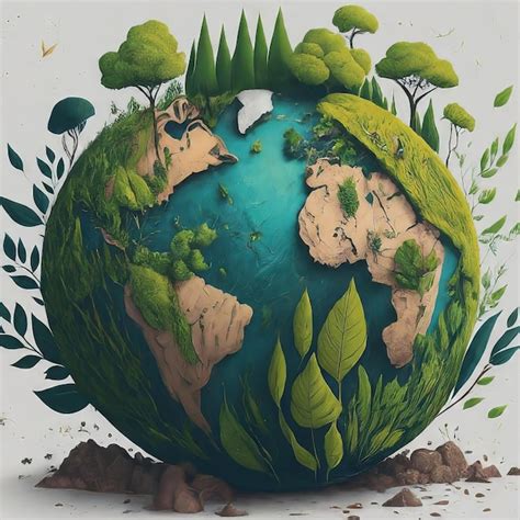 Premium Vector World Map With Earth Globe Green Leaves Tree And Grass