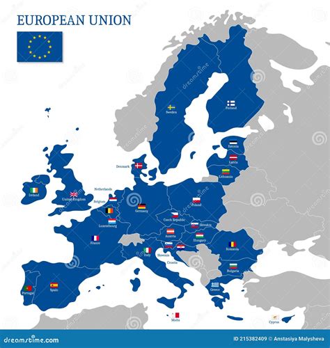 Blauwe Kaart Van De Europese Unie Met Vlaggen Van Landen Vector