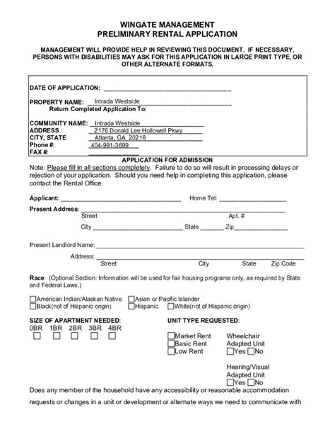 Fillable Online Wingate Management PRELIMINARY Rental Application Fax