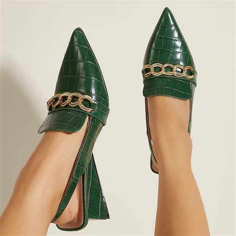 Green Pointy Toe Croco Embossed Wedge Slingback Pumps With Chain Decor