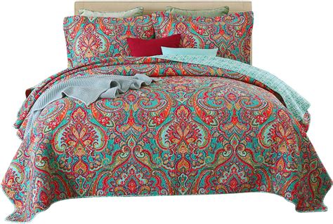 Qucover Blue Quilted Bedspread King Size3 Piece Retro Chic Floral