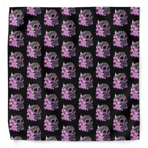 Pink Floral Black Sugar Skull Day Of The Dead Bandana Zazzle