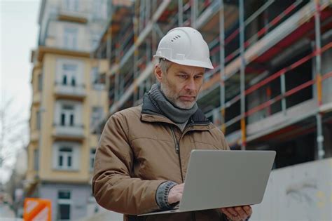 Mature Architect Working On Laptop In Construction Area Construction