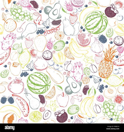 Outline Fruits Seamless Pattern Exotic Fruits And Berries Seamless