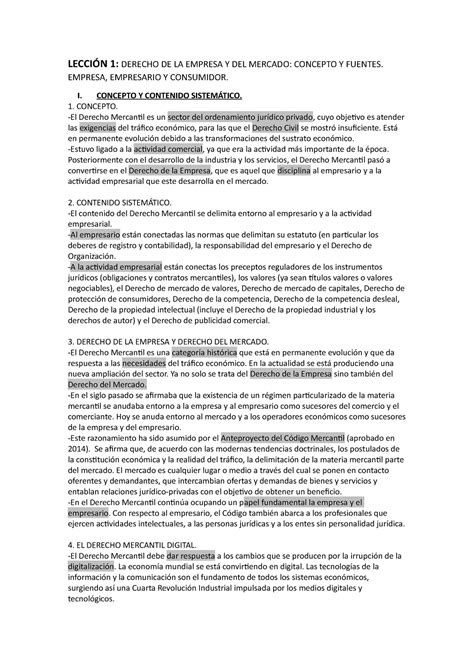 Lección 1 Apuntes 1 LecciÓn 1 Derecho De La Empresa Y Del Mercado Concepto Y Fuentes