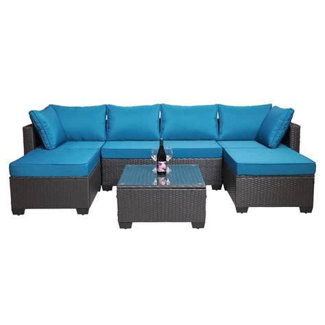 Zeus Ruta Piece Black Wicker Outdoor Sectional Set With Blue