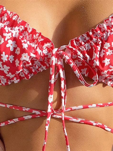 Kwiaty Wiązanie Falbanki RF1 NF9 S Shein Góra Od Bikini Print Ceny i