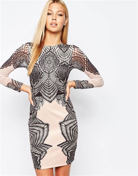 Lipsy Lace Print Bodycon Dress With High Neck At Asos Bodycon