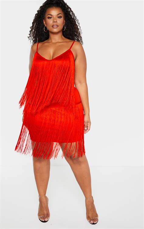 Plus Red Tassel Bodycon Dress Plus Size Prettylittlething Usa