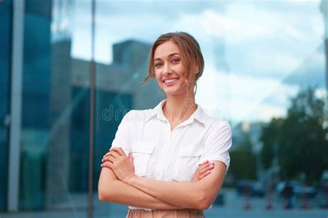 Businesswoman Successful Woman Business Person Standing Arms Crossed Outdoor Corporate Building