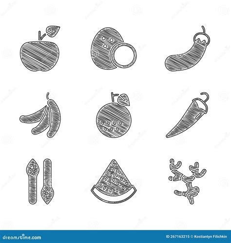 Set Orange Fruit Watermelon Ginger Root Hot Chili Pepper Asparagus Banana Eggplant And